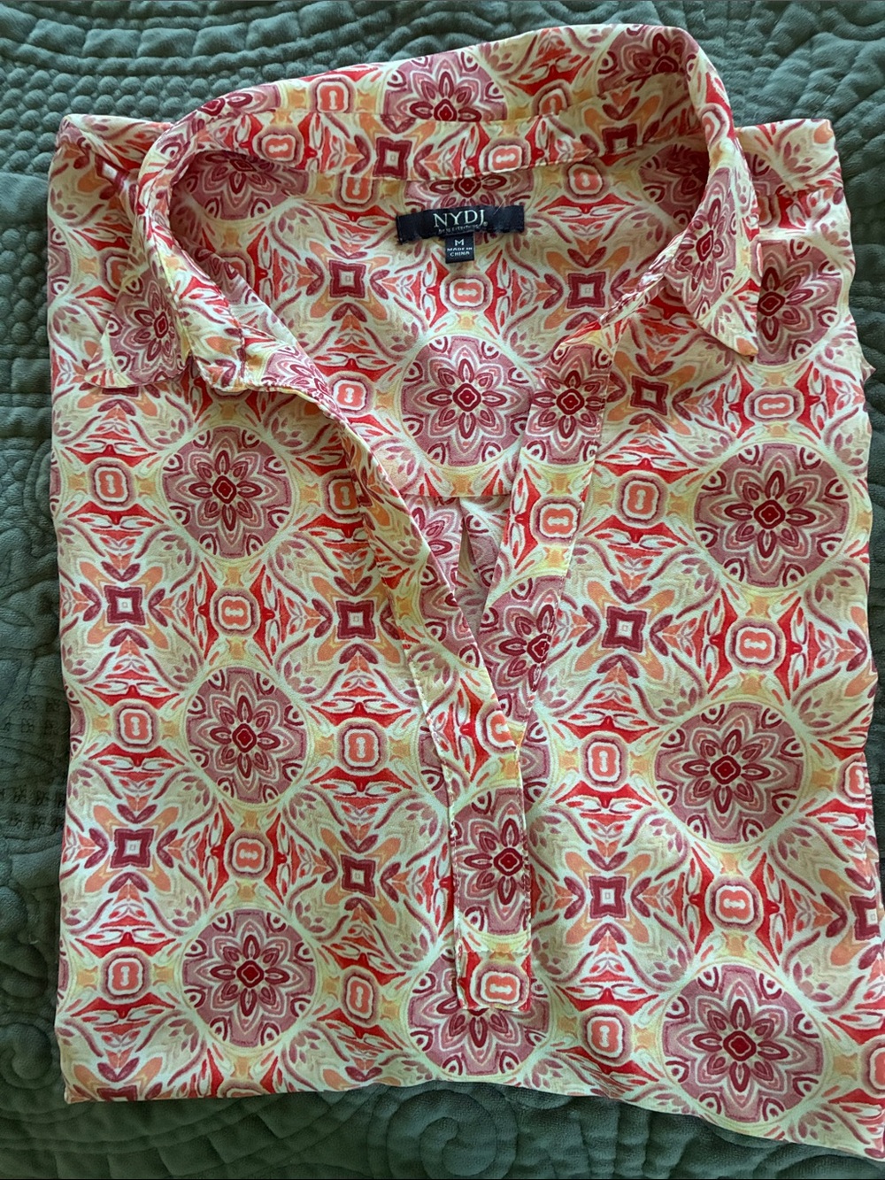 Soft and Flowing NYDJ Coral and Cream Geometric Short Sleeve Blouse
